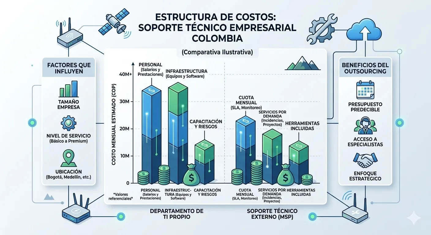 costos soporte técnico empresas Colombia precios outsourcing TI